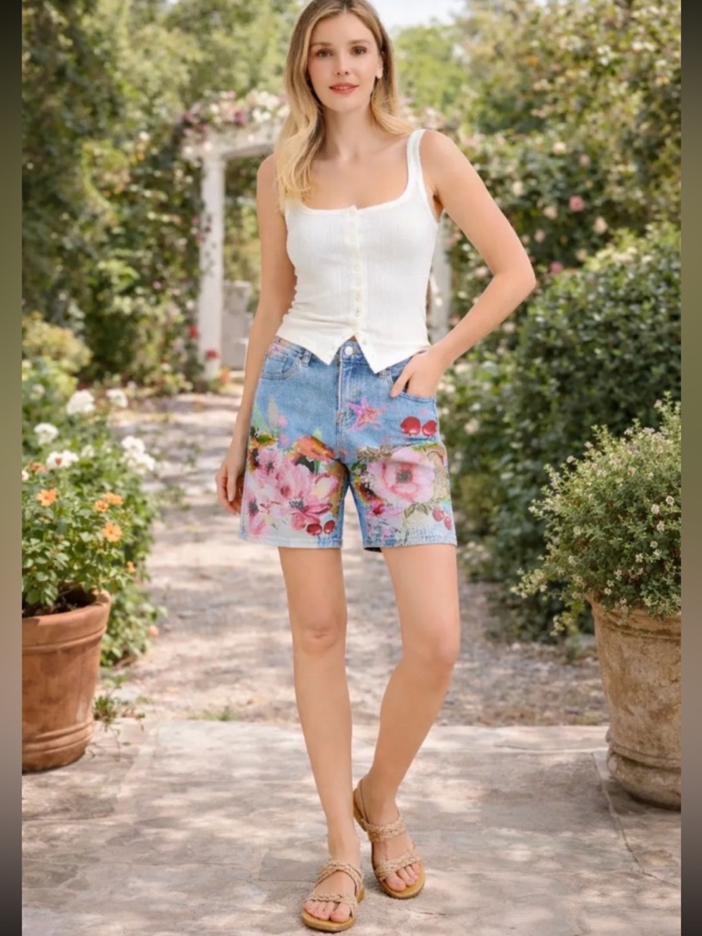 Risen Brand Floral Denim Bermuda Shorts